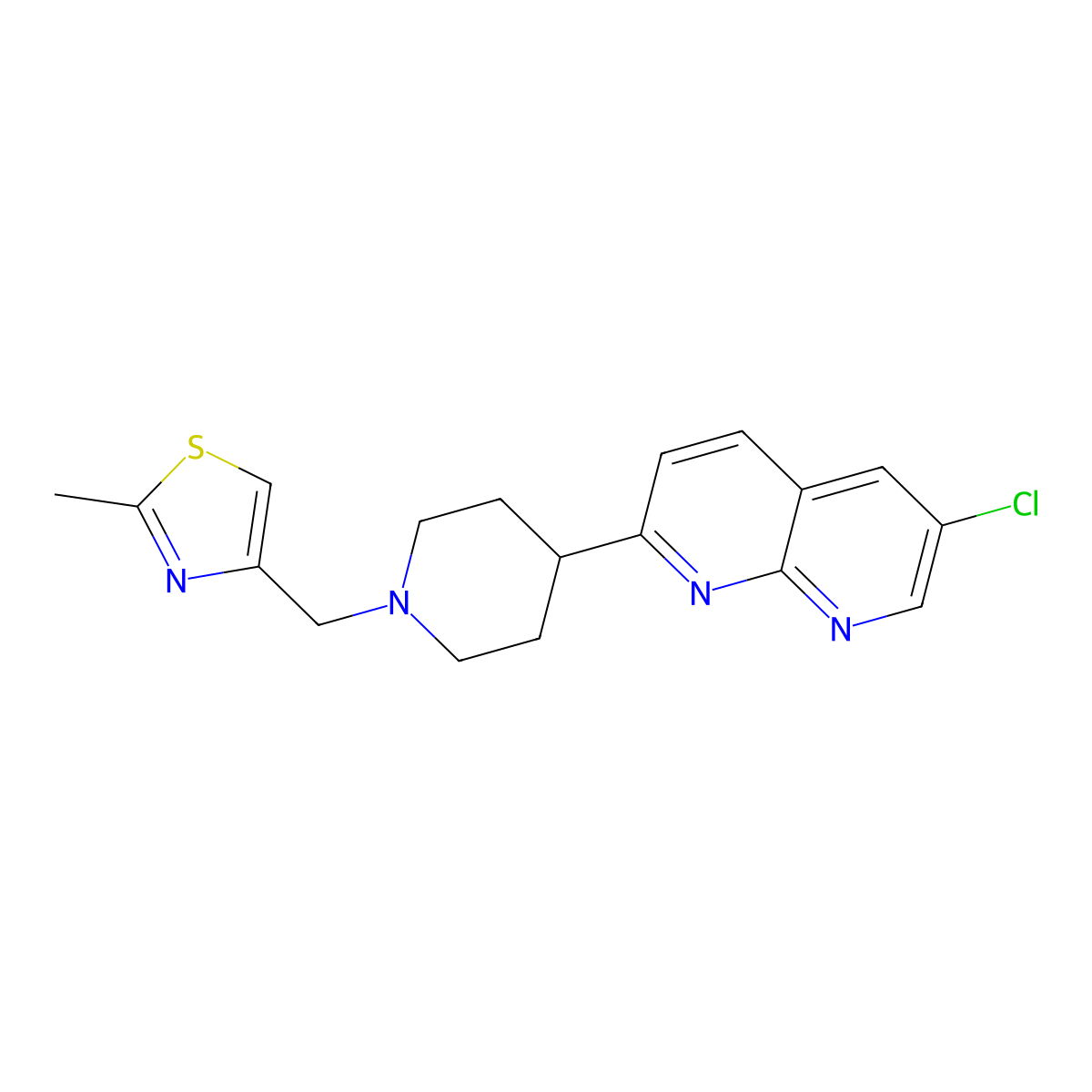 6-Chloro-2-{1-[(2-methyl-1,3-thiazol-4-yl)methyl]piperidin-4-yl}-1,8-naphthyridine molecular structure, CAS 2742014-39-5