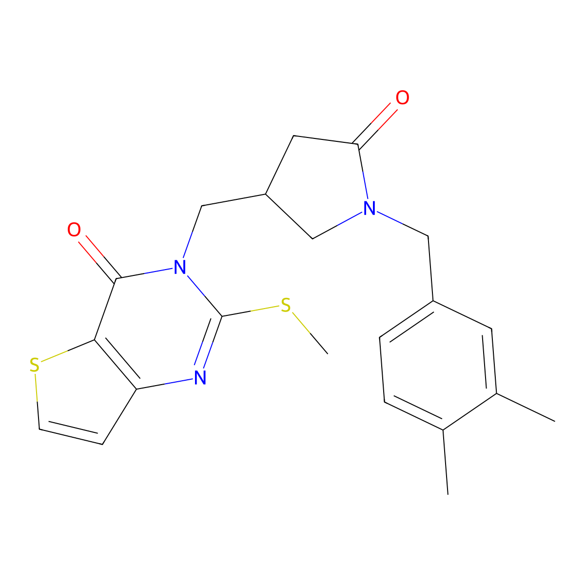 1-[(3,4-dimethylphenyl)methyl]-4-{[2-(methylsulfanyl)-4-oxo-3H,4H-thieno[3,2-d]pyrimidin-3-yl]methyl}pyrrolidin-2-one molecular structure, CAS 2742014-48-6