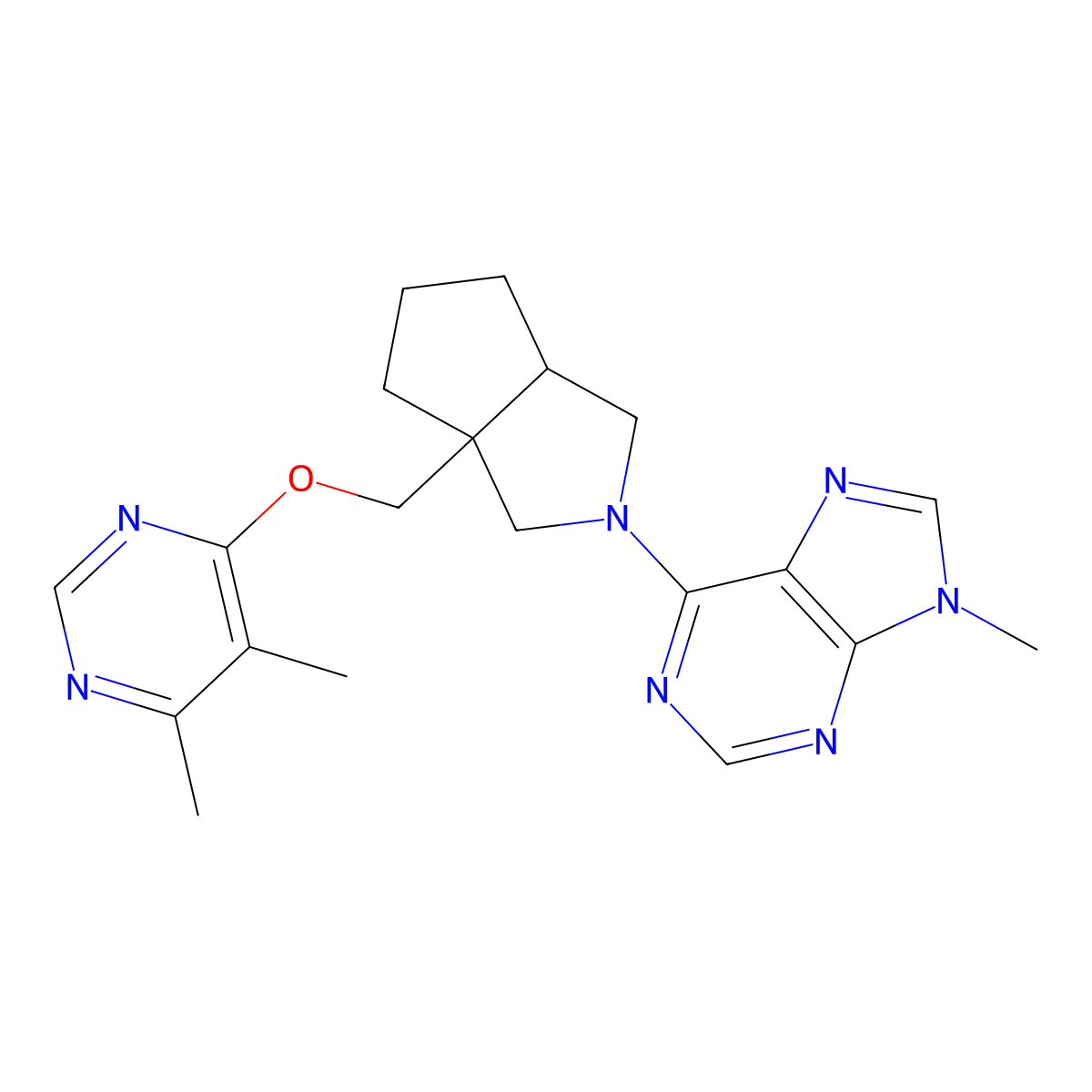 6-(3a-{[(5,6-dimethylpyrimidin-4-yl)oxy]methyl}-octahydrocyclopenta[c]pyrrol-2-yl)-9-methyl-9H-purine molecular structure, CAS 2742014-52-2