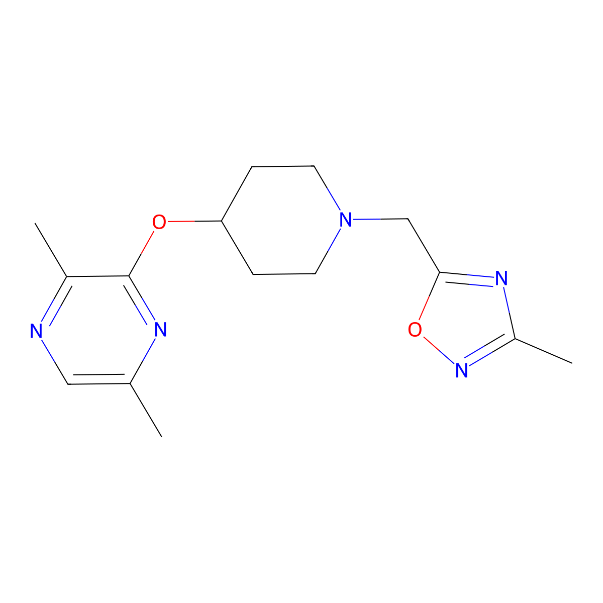2,5-Dimethyl-3-({1-[(3-methyl-1,2,4-oxadiazol-5-yl)methyl]piperidin-4-yl}oxy)pyrazine molecular structure, CAS 2742014-53-3