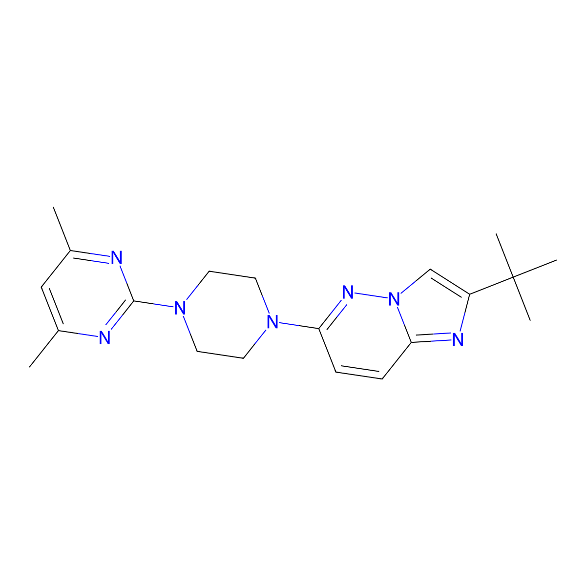 2-(4-{2-Tert-butylimidazo[1,2-b]pyridazin-6-yl}piperazin-1-yl)-4,6-dimethylpyrimidine molecular structure, CAS 2742014-54-4