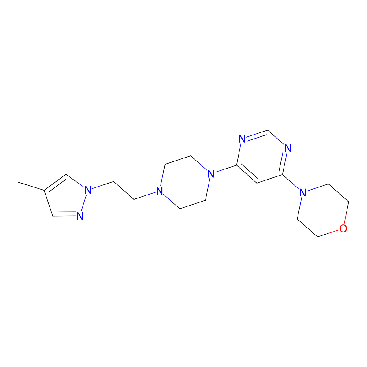 4-(6-{4-[2-(4-methyl-1H-pyrazol-1-yl)ethyl]piperazin-1-yl}pyrimidin-4-yl)morpholine molecular structure, CAS 2742014-61-3