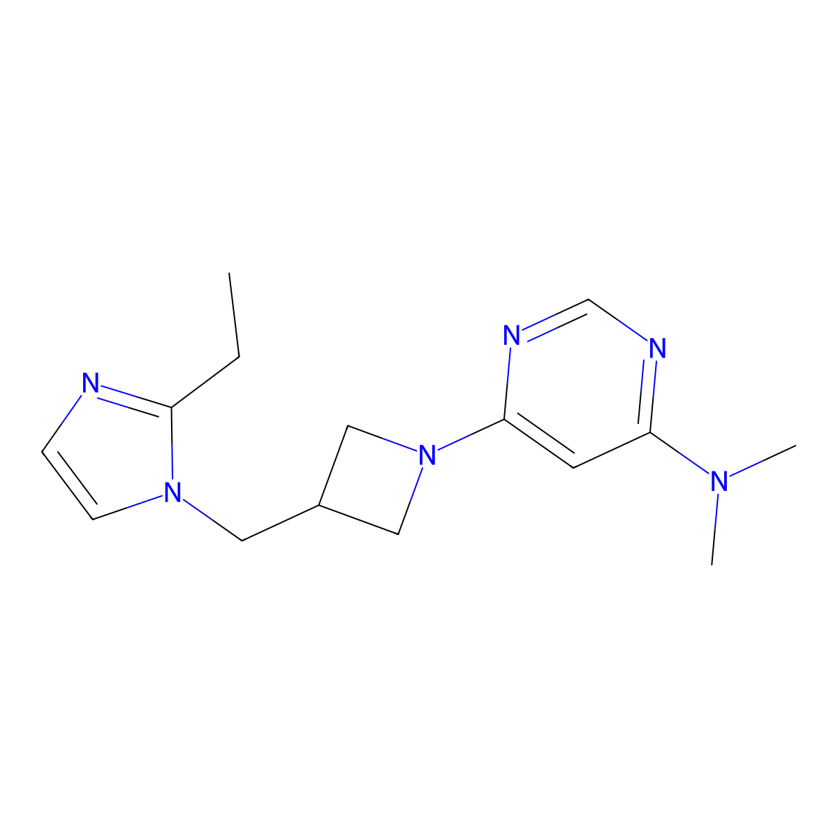 6-{3-[(2-ethyl-1H-imidazol-1-yl)methyl]azetidin-1-yl}-N,N-dimethylpyrimidin-4-amine molecular structure, CAS 2742014-65-7