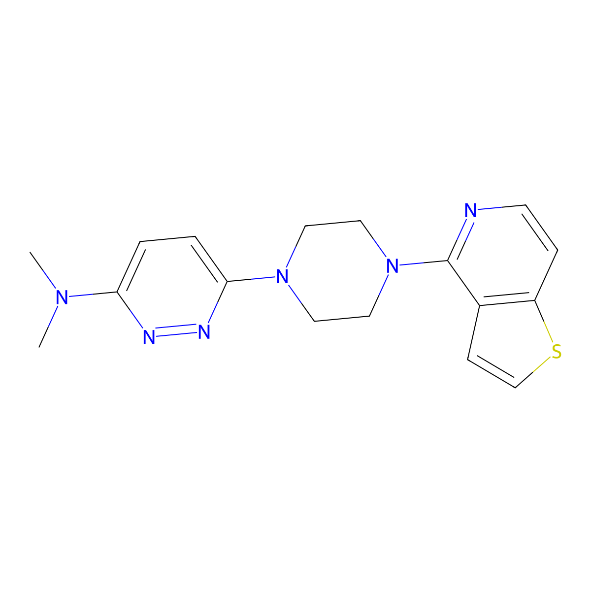 N,N-dimethyl-6-(4-{thieno[3,2-c]pyridin-4-yl}piperazin-1-yl)pyridazin-3-amine molecular structure, CAS 2742014-66-8