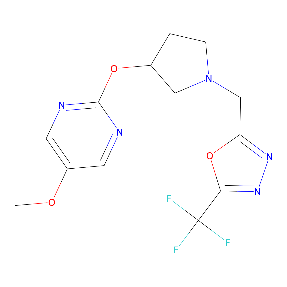 5-Methoxy-2-[(1-{[5-(trifluoromethyl)-1,3,4-oxadiazol-2-yl]methyl}pyrrolidin-3-yl)oxy]pyrimidine molecular structure, CAS 2742014-71-5