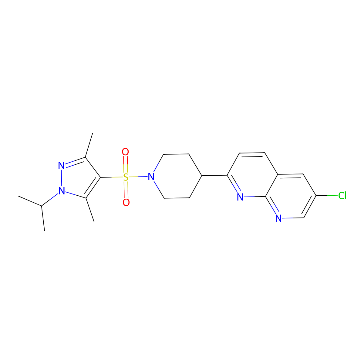 6-chloro-2-(1-{[3,5-dimethyl-1-(propan-2-yl)-1H-pyrazol-4-yl]sulfonyl}piperidin-4-yl)-1,8-naphthyridine molecular structure, CAS 2742014-74-8