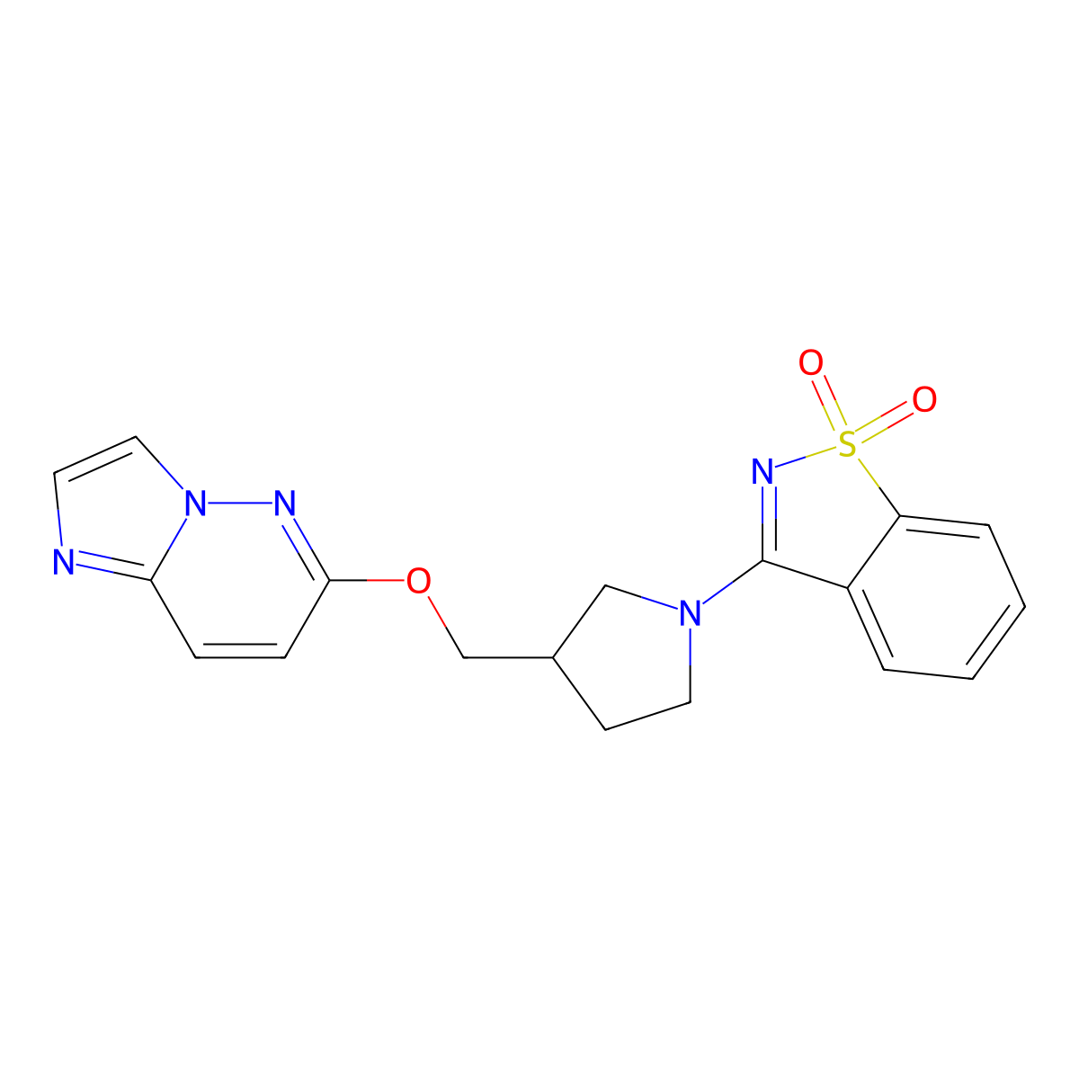 3-[3-(Imidazo[1,2-b]pyridazin-6-yloxymethyl)pyrrolidin-1-yl]-1,2-benzothiazole 1,1-dioxide molecular structure, CAS 2742014-80-6