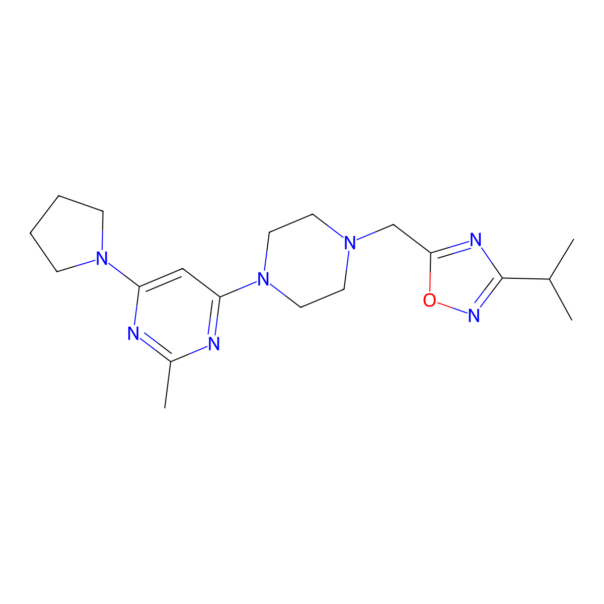 2-Methyl-4-(4-{[3-(propan-2-yl)-1,2,4-oxadiazol-5-yl]methyl}piperazin-1-yl)-6-(pyrrolidin-1-yl)pyrimidine molecular structure, CAS 2742014-82-8