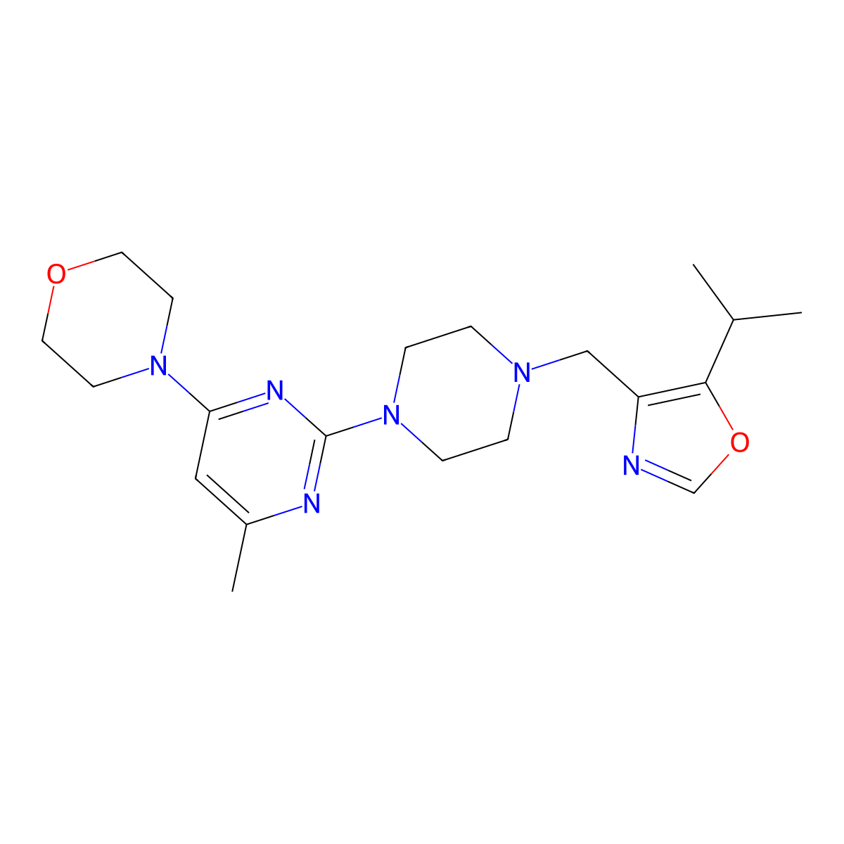 4-[6-Methyl-2-(4-{[5-(propan-2-yl)-1,3-oxazol-4-yl]methyl}piperazin-1-yl)pyrimidin-4-yl]morpholine molecular structure, CAS 2742015-05-8