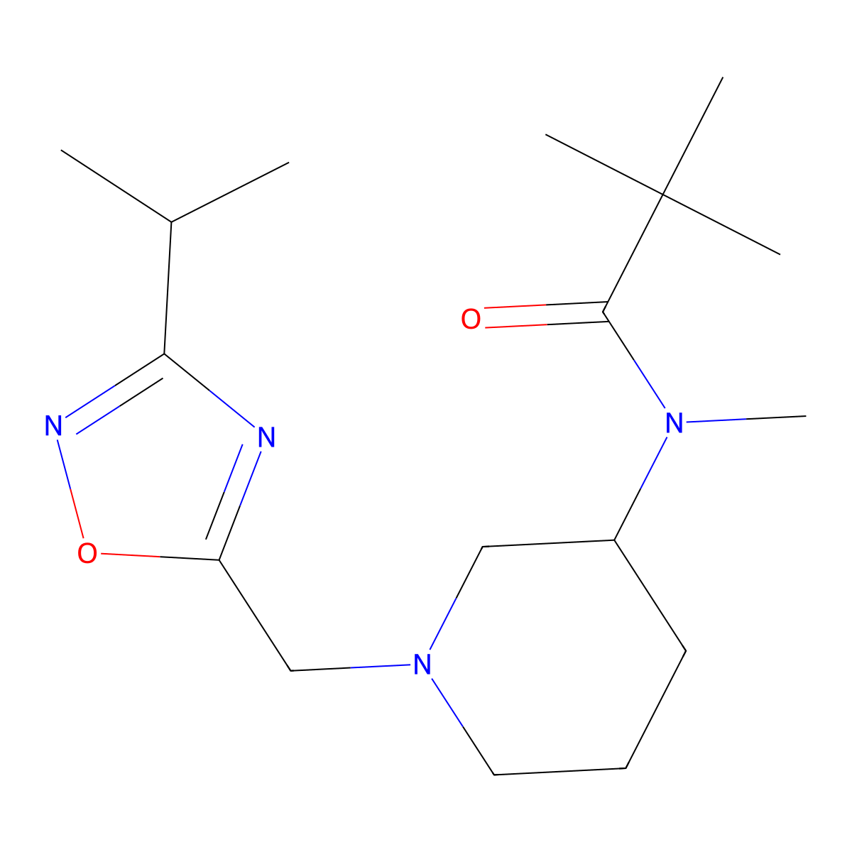 N,2,2-trimethyl-N-(1-{[3-(propan-2-yl)-1,2,4-oxadiazol-5-yl]methyl}piperidin-3-yl)propanamide molecular structure, CAS 2742015-09-2