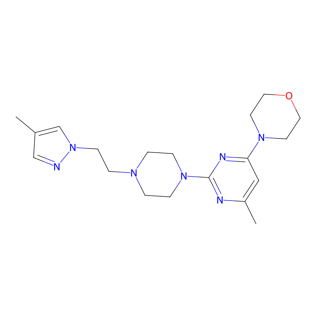 4-(6-methyl-2-{4-[2-(4-methyl-1H-pyrazol-1-yl)ethyl]piperazin-1-yl}pyrimidin-4-yl)morpholine molecular structure, CAS 2742015-17-2