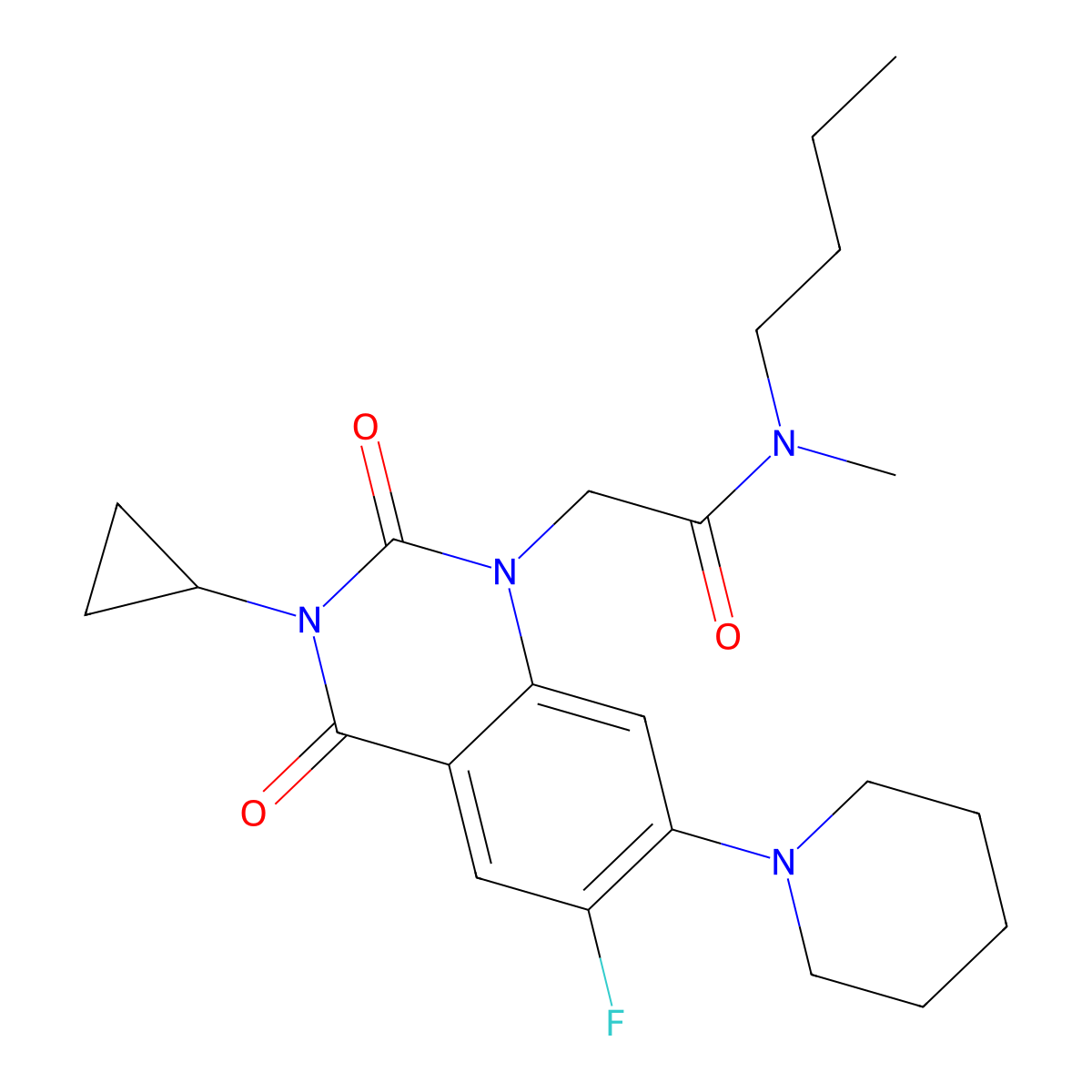 N-butyl-2-[3-cyclopropyl-6-fluoro-2,4-dioxo-7-(piperidin-1-yl)-1,2,3,4-tetrahydroquinazolin-1-yl]-N-methylacetamide molecular structure, CAS 2742015-33-2