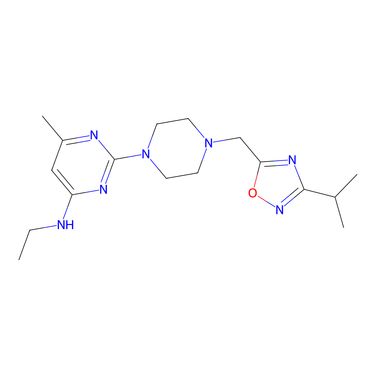 N-ethyl-6-methyl-2-(4-{[3-(propan-2-yl)-1,2,4-oxadiazol-5-yl]methyl}piperazin-1-yl)pyrimidin-4-amine molecular structure, CAS 2742015-34-3