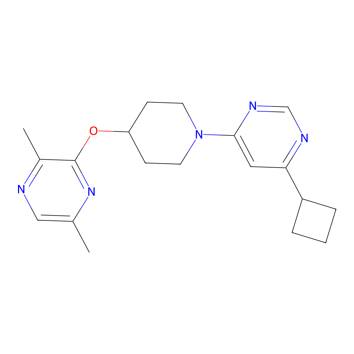 4-Cyclobutyl-6-{4-[(3,6-dimethylpyrazin-2-yl)oxy]piperidin-1-yl}pyrimidine molecular structure, CAS 2742015-35-4