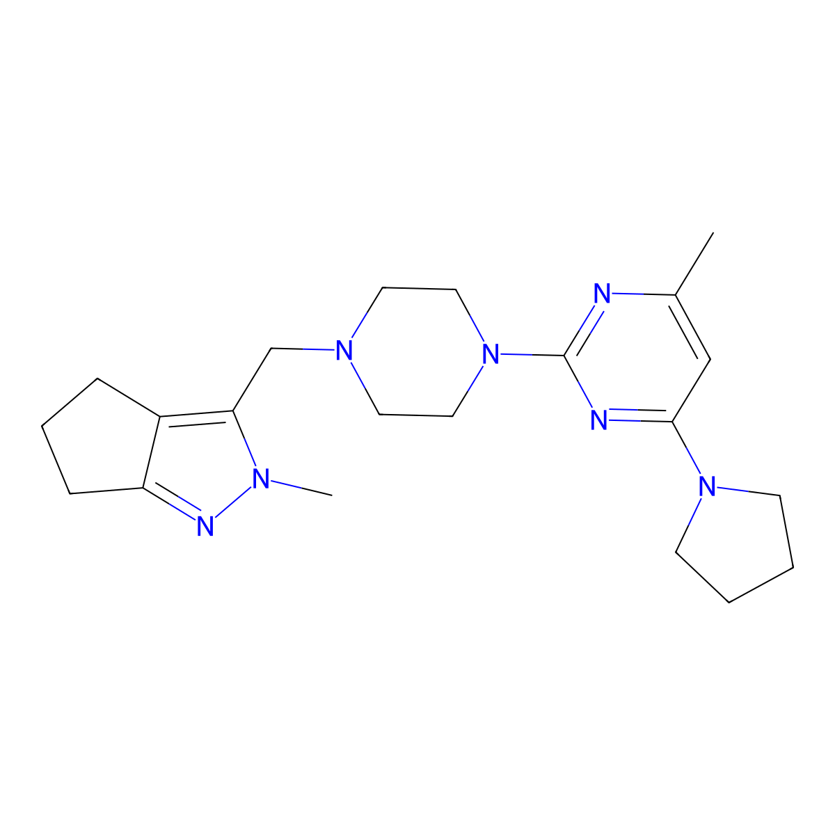 4-methyl-2-[4-({2-methyl-2H,4H,5H,6H-cyclopenta[c]pyrazol-3-yl}methyl)piperazin-1-yl]-6-(pyrrolidin-1-yl)pyrimidine molecular structure, CAS 2742015-37-6
