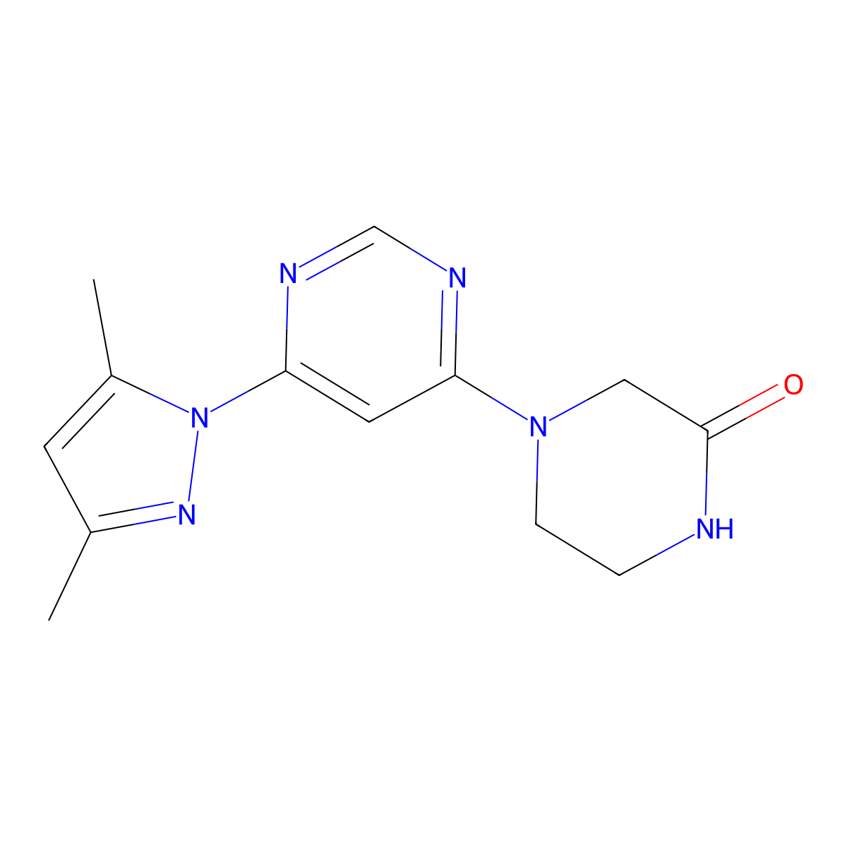 4-[6-(3,5-dimethyl-1H-pyrazol-1-yl)pyrimidin-4-yl]piperazin-2-one molecular structure, CAS 2742015-40-1