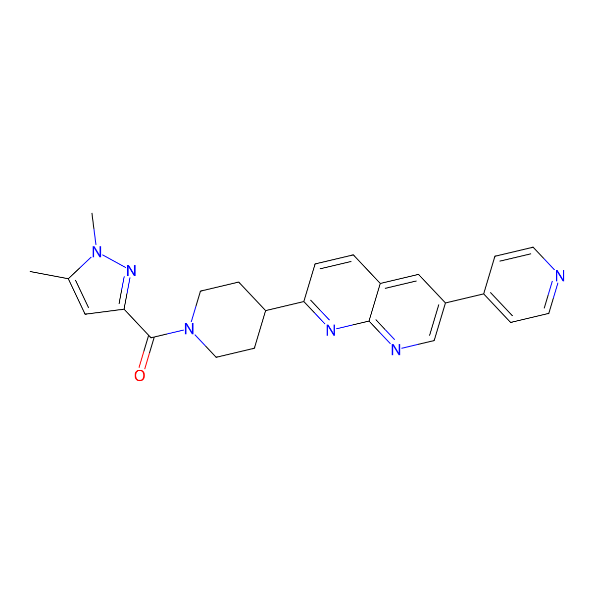 2-[1-(1,5-dimethyl-1H-pyrazole-3-carbonyl)piperidin-4-yl]-6-(pyridin-4-yl)-1,8-naphthyridine molecular structure, CAS 2742015-42-3