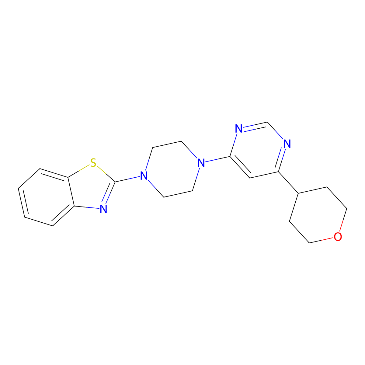 2-{4-[6-(Oxan-4-yl)pyrimidin-4-yl]piperazin-1-yl}-1,3-benzothiazole molecular structure, CAS 2742015-48-9