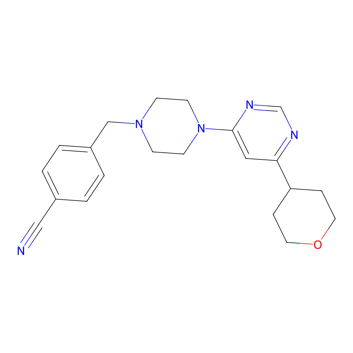 4-({4-[6-(Oxan-4-yl)pyrimidin-4-yl]piperazin-1-yl}methyl)benzonitrile molecular structure, CAS 2742015-53-6