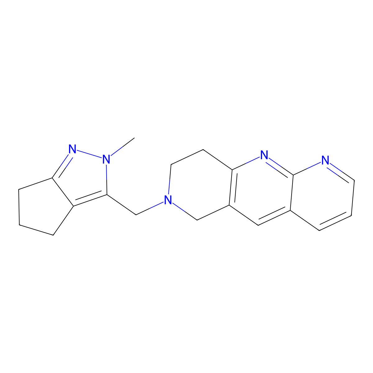 2-methyl-3-({6H,7H,8H,9H-pyrido[2,3-b]1,6-naphthyridin-7-yl}methyl)-2H,4H,5H,6H-cyclopenta[c]pyrazole molecular structure, CAS 2742015-54-7
