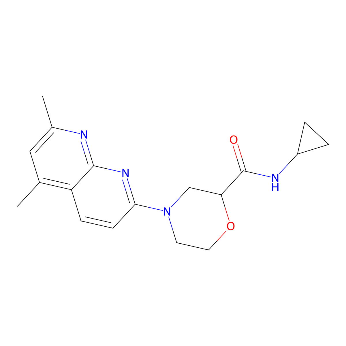 N-cyclopropyl-4-(5,7-dimethyl-1,8-naphthyridin-2-yl)morpholine-2-carboxamide molecular structure, CAS 2742015-55-8