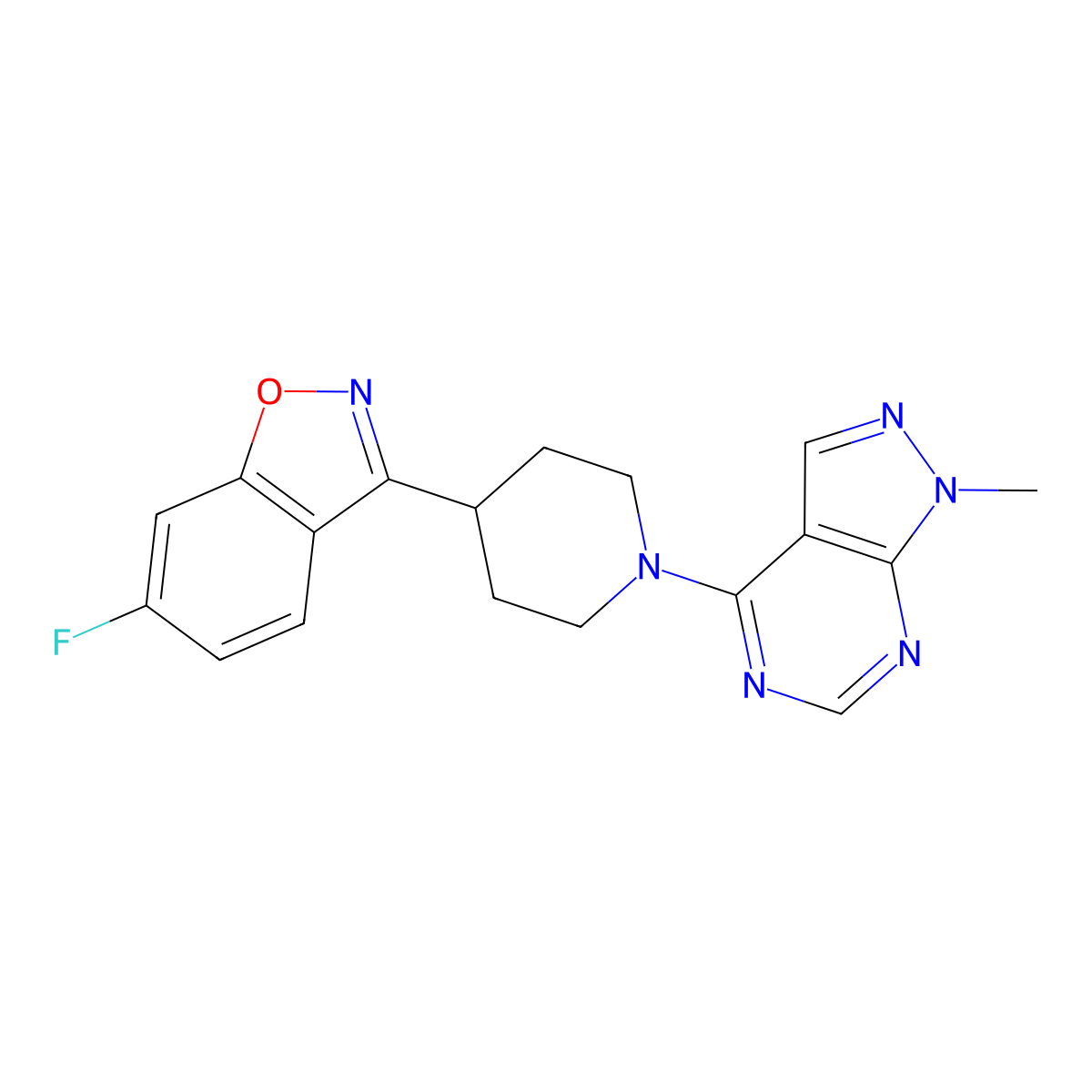 6-fluoro-3-(1-{1-methyl-1H-pyrazolo[3,4-d]pyrimidin-4-yl}piperidin-4-yl)-1,2-benzoxazole molecular structure, CAS 2742015-56-9