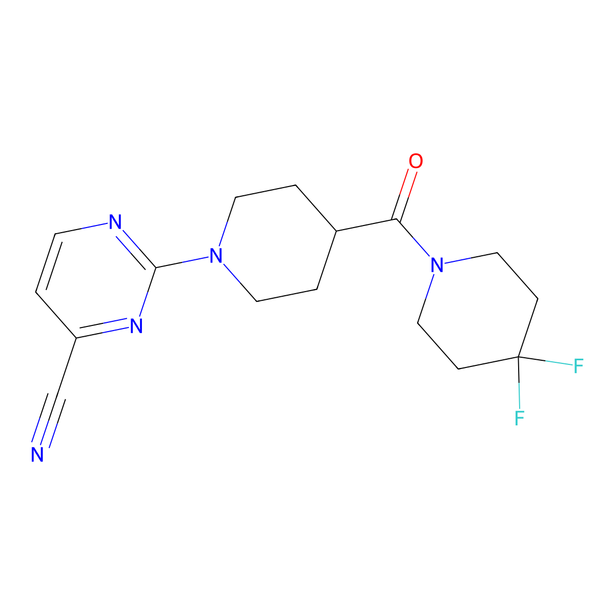 2-[4-(4,4-Difluoropiperidine-1-carbonyl)piperidin-1-yl]pyrimidine-4-carbonitrile molecular structure, CAS 2742015-61-6