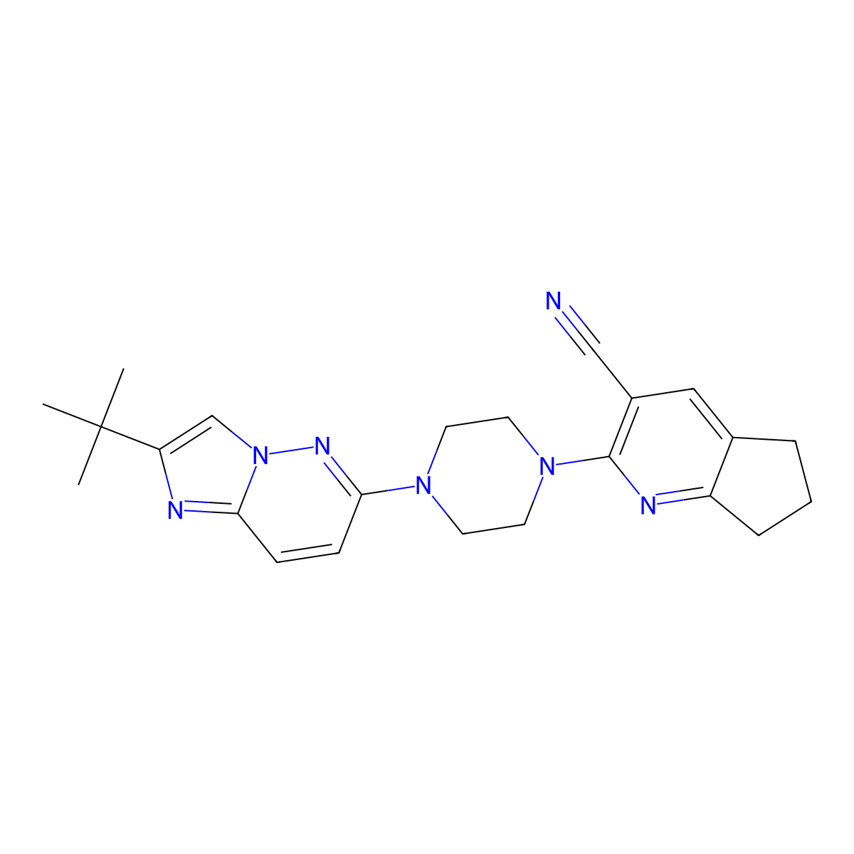 2-(4-{2-tert-butylimidazo[1,2-b]pyridazin-6-yl}piperazin-1-yl)-5H,6H,7H-cyclopenta[b]pyridine-3-carbonitrile molecular structure, CAS 2742015-65-0