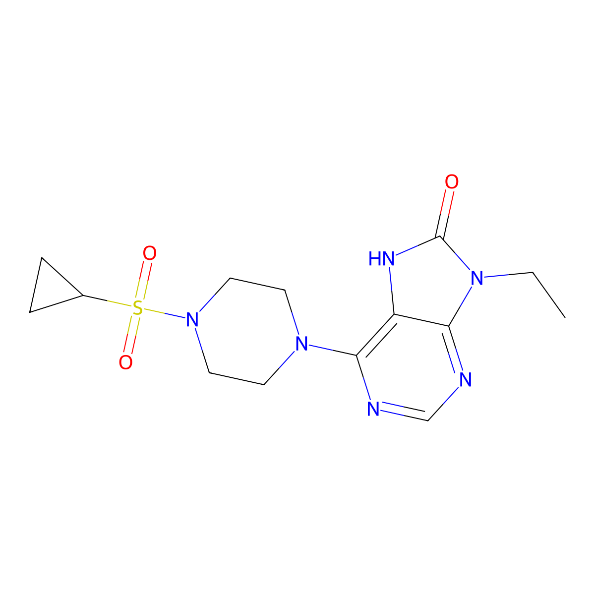 6-[4-(cyclopropanesulfonyl)piperazin-1-yl]-9-ethyl-8,9-dihydro-7H-purin-8-one molecular structure, CAS 2742015-69-4