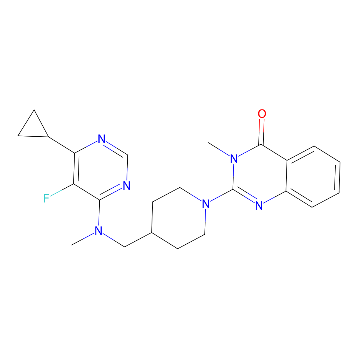 2-(4-{[(6-Cyclopropyl-5-fluoropyrimidin-4-yl)(methyl)amino]methyl}piperidin-1-yl)-3-methyl-3,4-dihydroquinazolin-4-one molecular structure, CAS 2742015-84-3
