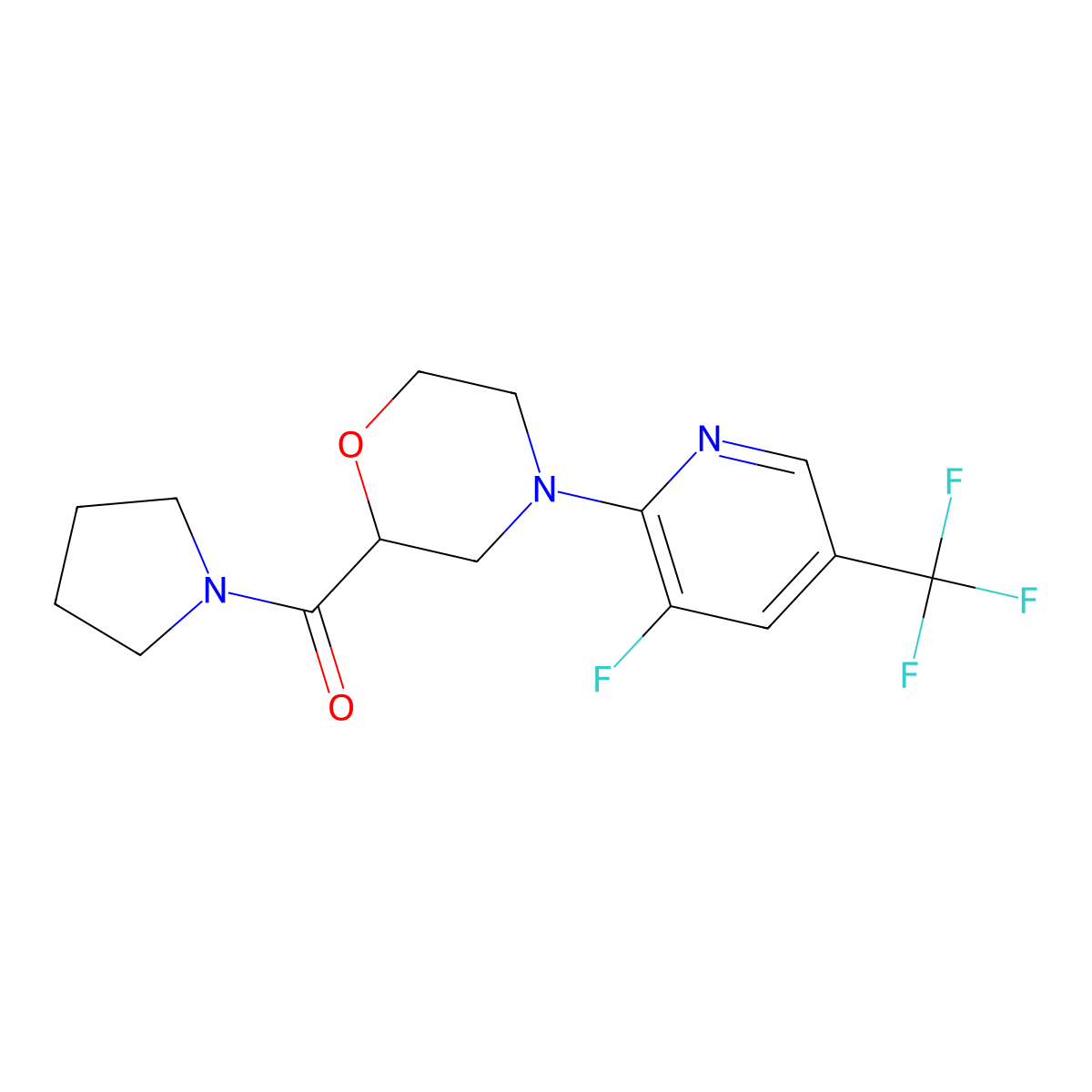4-[3-Fluoro-5-(trifluoromethyl)pyridin-2-yl]-2-(pyrrolidine-1-carbonyl)morpholine molecular structure, CAS 2742015-92-3