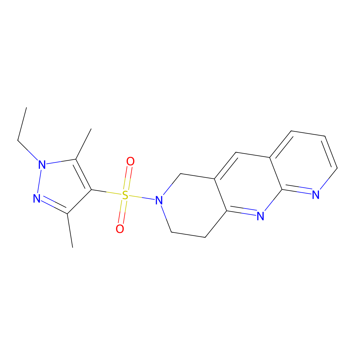 1-ethyl-3,5-dimethyl-4-{6H,7H,8H,9H-pyrido[2,3-b]1,6-naphthyridine-7-sulfonyl}-1H-pyrazole molecular structure, CAS 2742015-94-5
