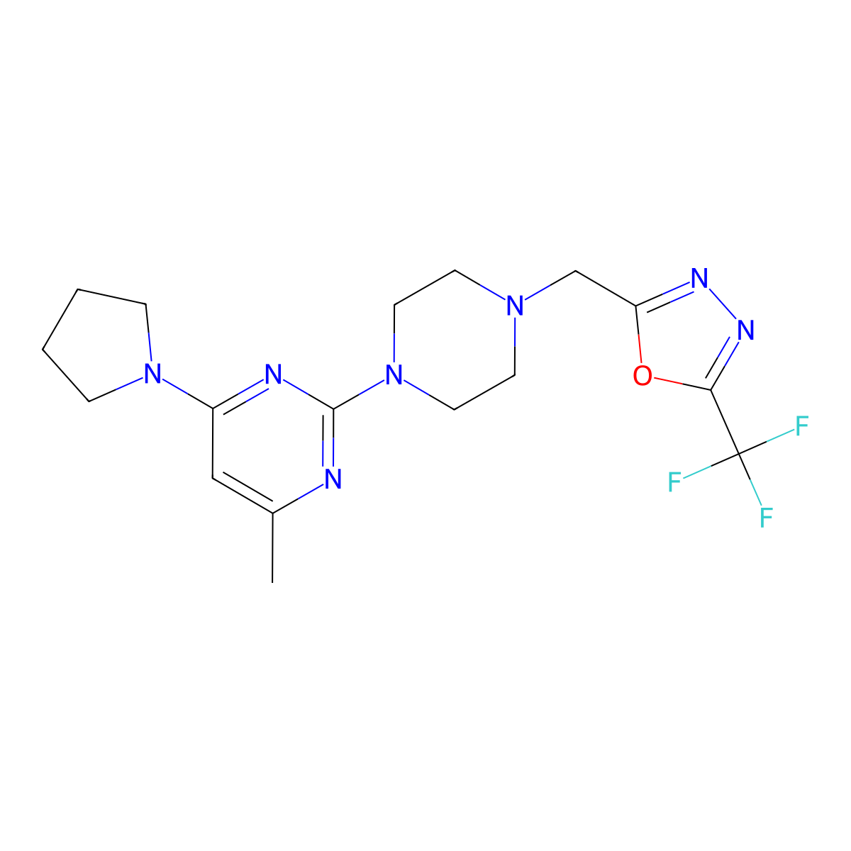 4-Methyl-6-(pyrrolidin-1-yl)-2-(4-{[5-(trifluoromethyl)-1,3,4-oxadiazol-2-yl]methyl}piperazin-1-yl)pyrimidine molecular structure, CAS 2742015-96-7