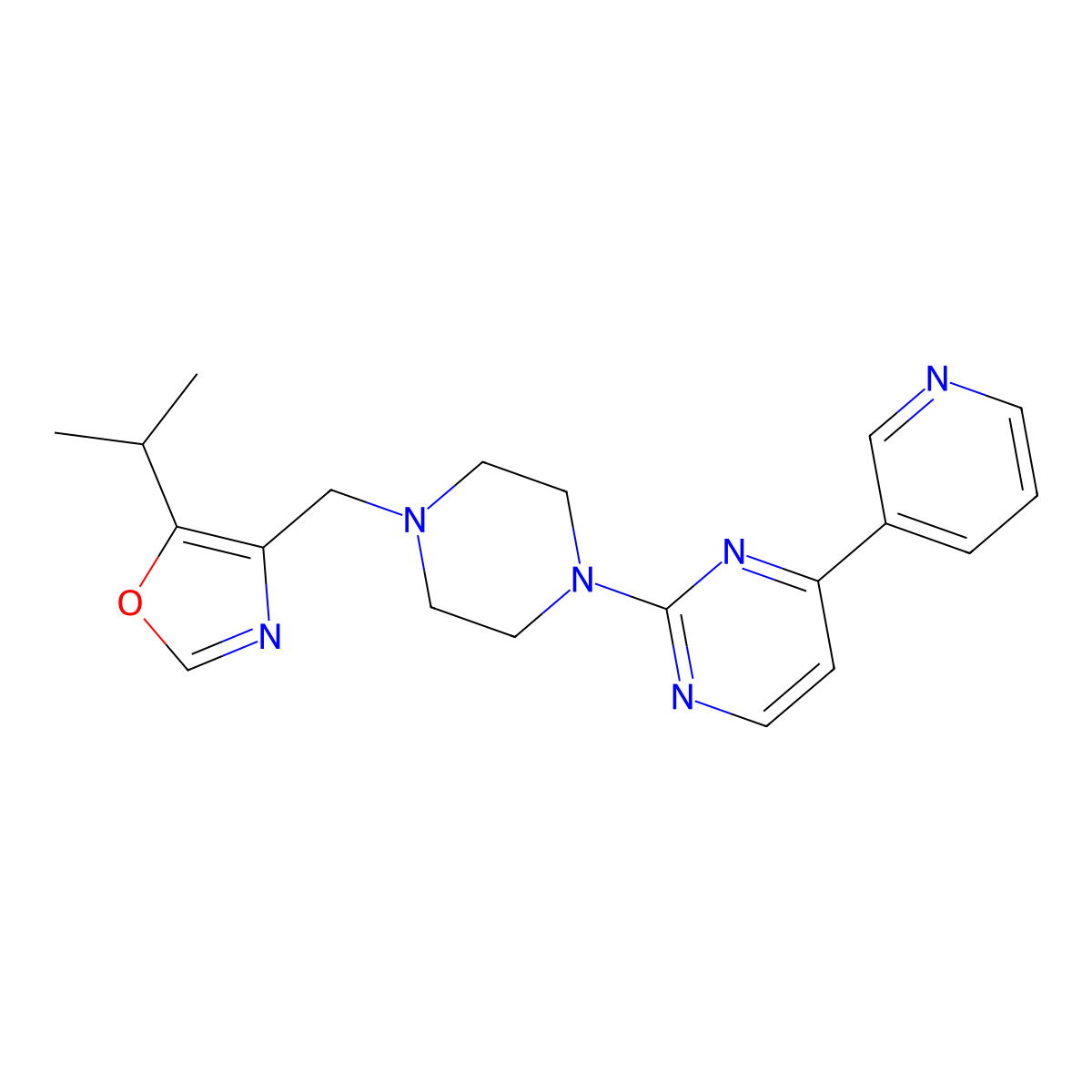 2-(4-{[5-(Propan-2-yl)-1,3-oxazol-4-yl]methyl}piperazin-1-yl)-4-(pyridin-3-yl)pyrimidine molecular structure, CAS 2742015-98-9