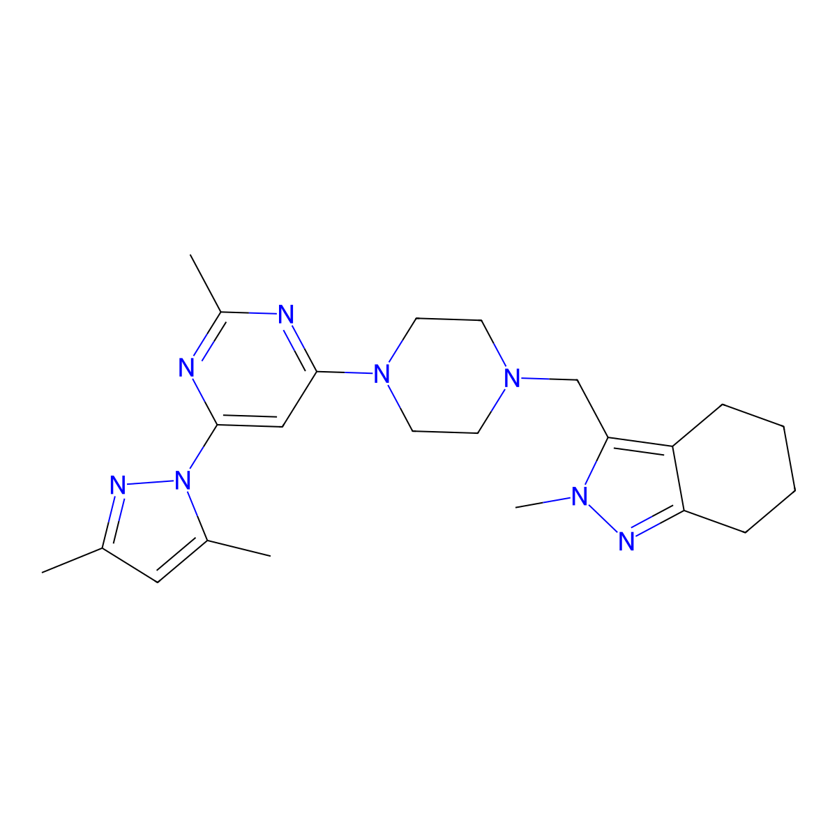 3-({4-[6-(3,5-dimethyl-1H-pyrazol-1-yl)-2-methylpyrimidin-4-yl]piperazin-1-yl}methyl)-2-methyl-4,5,6,7-tetrahydro-2H-indazole molecular structure, CAS 2742016-04-0