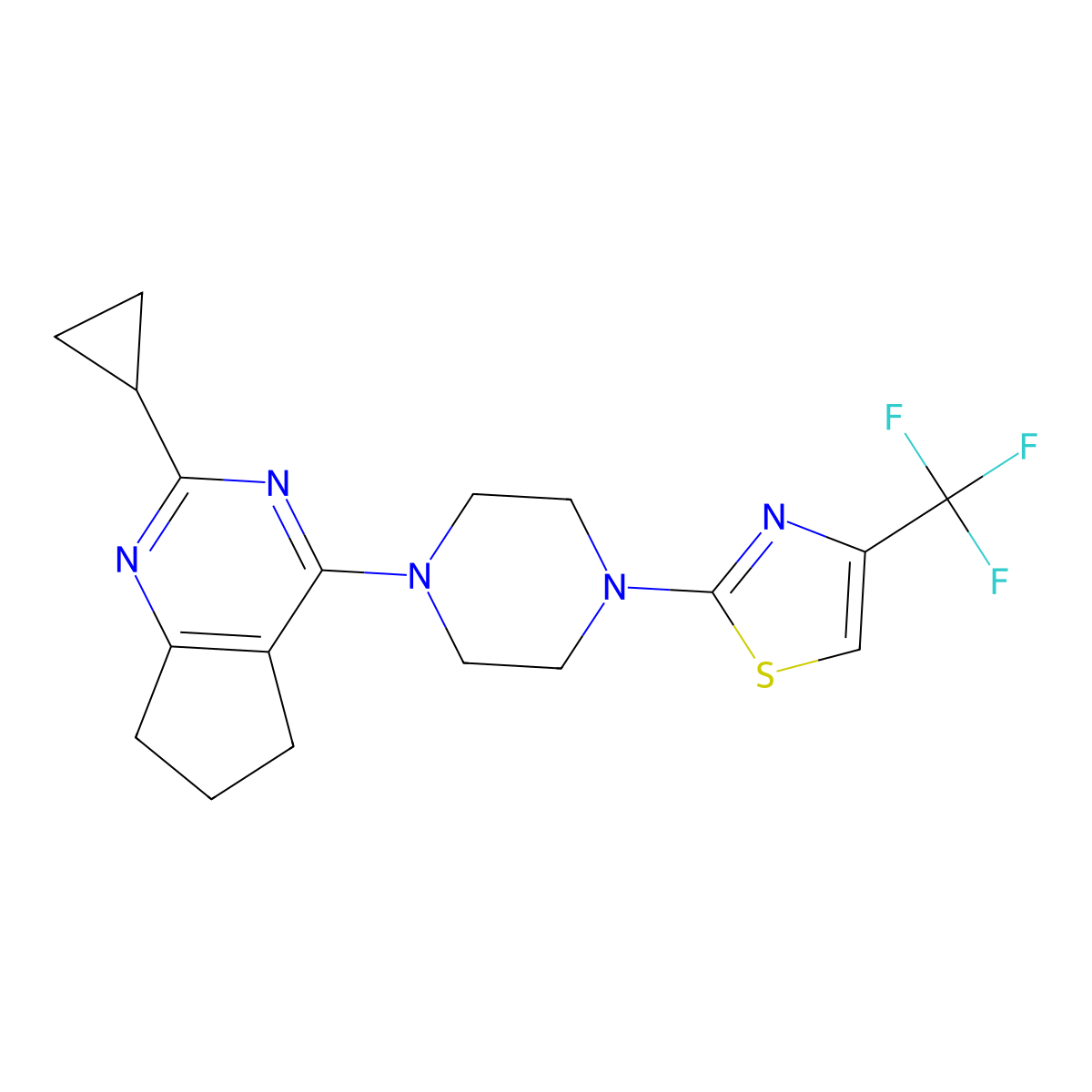 1-{2-cyclopropyl-5H,6H,7H-cyclopenta[d]pyrimidin-4-yl}-4-[4-(trifluoromethyl)-1,3-thiazol-2-yl]piperazine molecular structure, CAS 2742016-07-3