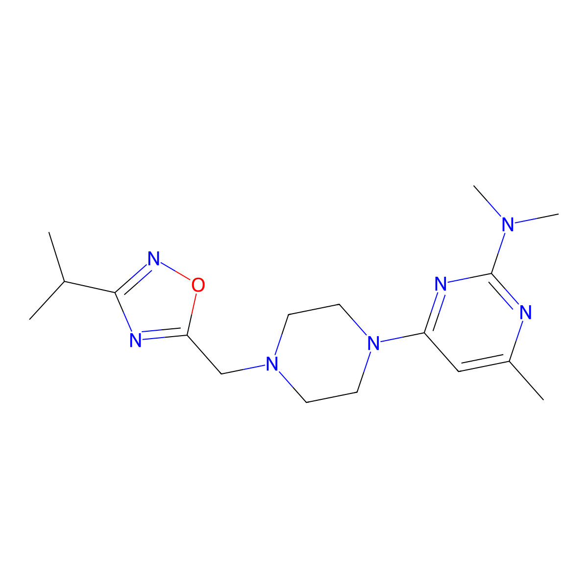 N,N,4-trimethyl-6-(4-{[3-(propan-2-yl)-1,2,4-oxadiazol-5-yl]methyl}piperazin-1-yl)pyrimidin-2-amine molecular structure, CAS 2742016-16-4
