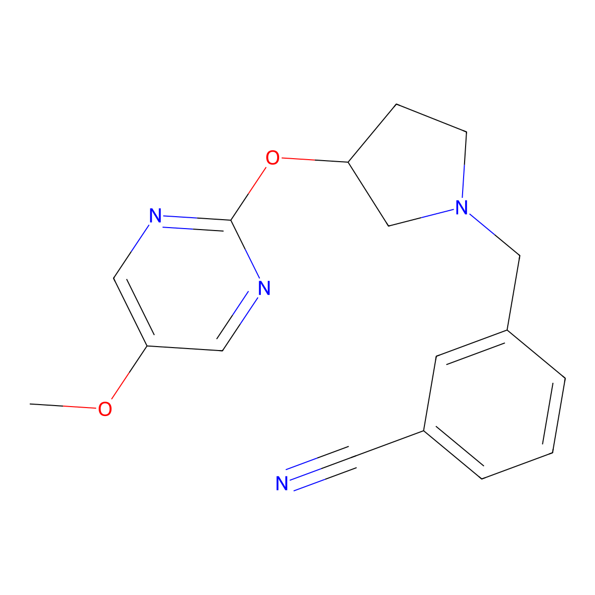 3-({3-[(5-Methoxypyrimidin-2-yl)oxy]pyrrolidin-1-yl}methyl)benzonitrile molecular structure, CAS 2742016-23-3