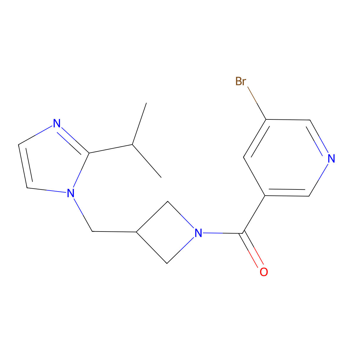 3-bromo-5-(3-{[2-(propan-2-yl)-1H-imidazol-1-yl]methyl}azetidine-1-carbonyl)pyridine molecular structure, CAS 2742016-31-3