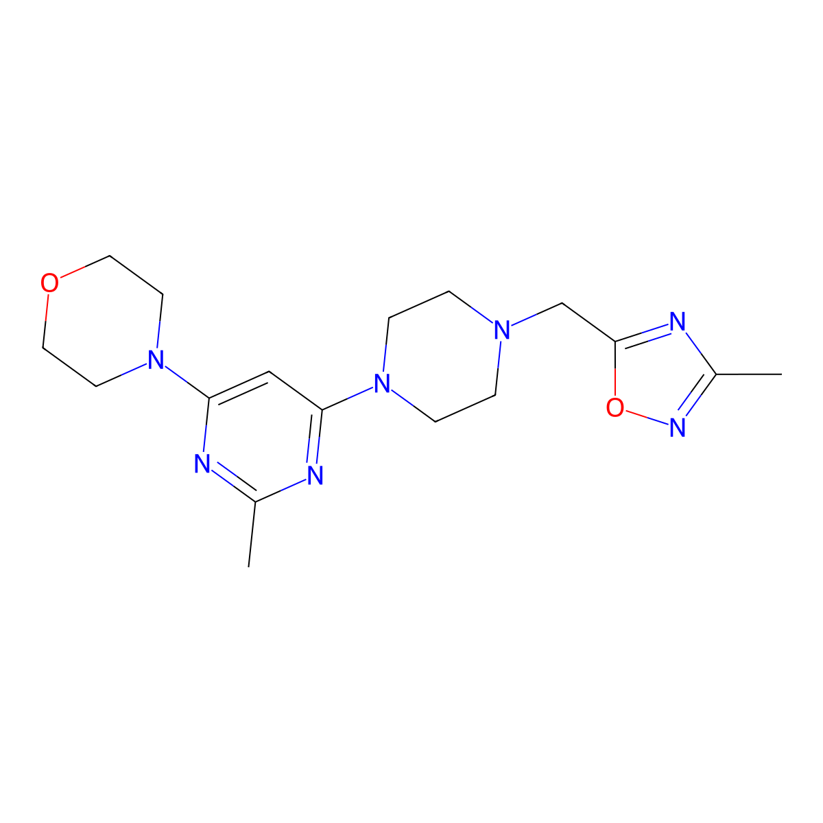 4-(2-Methyl-6-{4-[(3-methyl-1,2,4-oxadiazol-5-yl)methyl]piperazin-1-yl}pyrimidin-4-yl)morpholine molecular structure, CAS 2742016-34-6