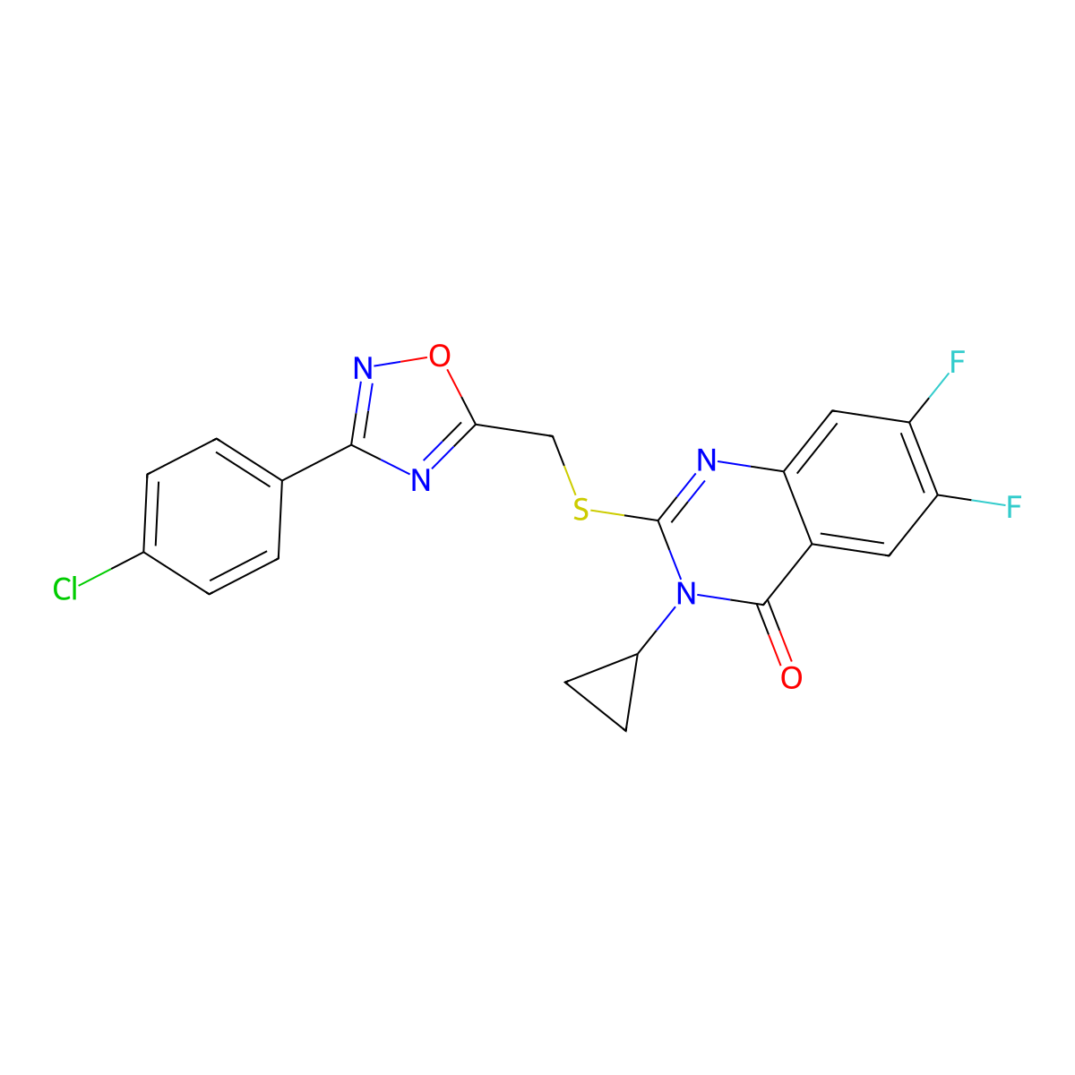 2-({[3-(4-Chlorophenyl)-1,2,4-oxadiazol-5-yl]methyl}sulfanyl)-3-cyclopropyl-6,7-difluoro-3,4-dihydroquinazolin-4-one molecular structure, CAS 2742016-37-9