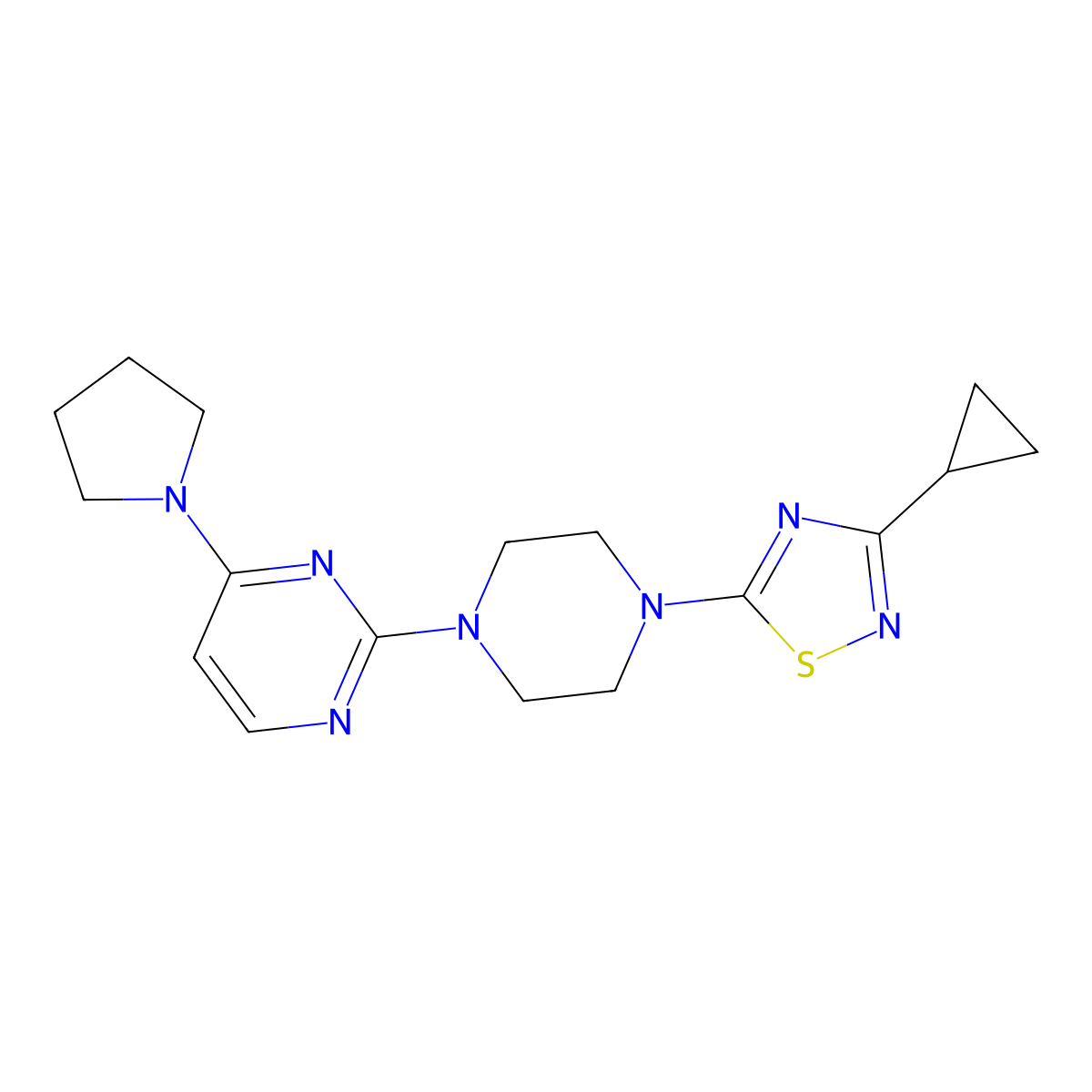 2-[4-(3-Cyclopropyl-1,2,4-thiadiazol-5-yl)piperazin-1-yl]-4-(pyrrolidin-1-yl)pyrimidine molecular structure, CAS 2742016-38-0