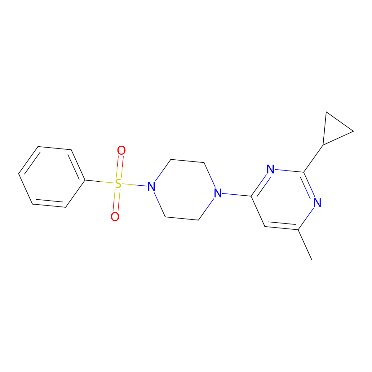 4-[4-(Benzenesulfonyl)piperazin-1-yl]-2-cyclopropyl-6-methylpyrimidine molecular structure, CAS 2742016-39-1