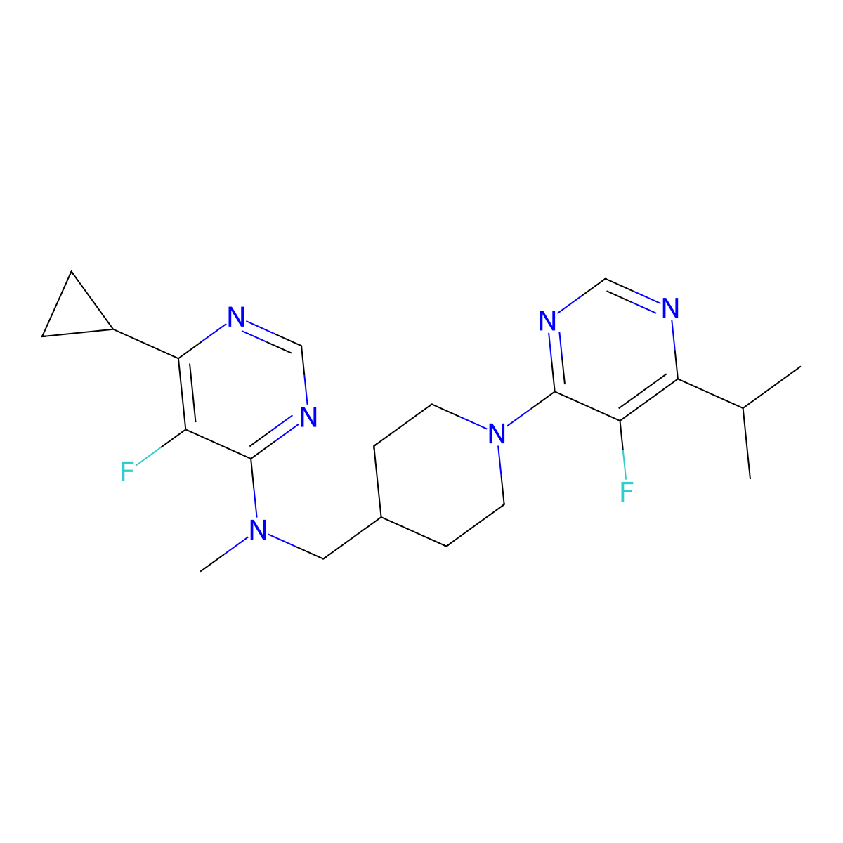 6-cyclopropyl-5-fluoro-N-({1-[5-fluoro-6-(propan-2-yl)pyrimidin-4-yl]piperidin-4-yl}methyl)-N-methylpyrimidin-4-amine molecular structure, CAS 2742016-41-5