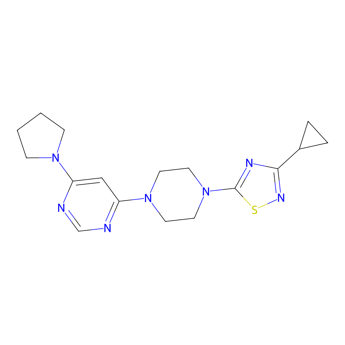 4-[4-(3-Cyclopropyl-1,2,4-thiadiazol-5-yl)piperazin-1-yl]-6-(pyrrolidin-1-yl)pyrimidine molecular structure, CAS 2742016-43-7