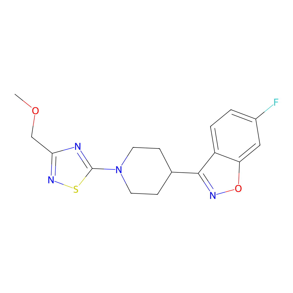 6-Fluoro-3-{1-[3-(methoxymethyl)-1,2,4-thiadiazol-5-yl]piperidin-4-yl}-1,2-benzoxazole molecular structure, CAS 2742016-44-8