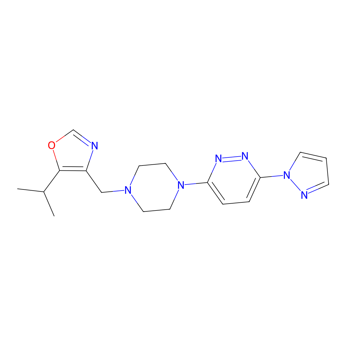 3-(4-{[5-(propan-2-yl)-1,3-oxazol-4-yl]methyl}piperazin-1-yl)-6-(1H-pyrazol-1-yl)pyridazine molecular structure, CAS 2742016-45-9