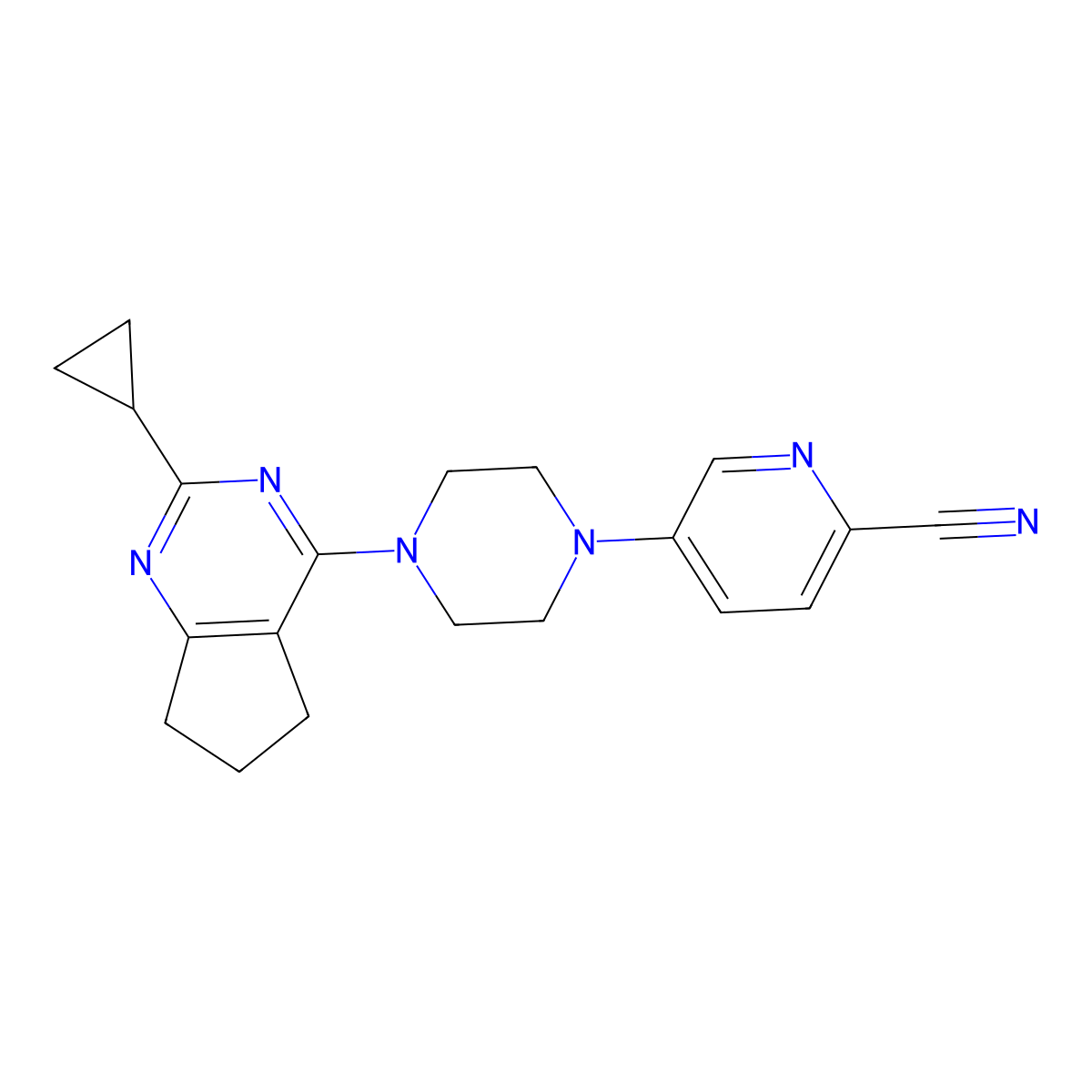 5-(4-{2-cyclopropyl-5H,6H,7H-cyclopenta[d]pyrimidin-4-yl}piperazin-1-yl)pyridine-2-carbonitrile molecular structure, CAS 2742016-58-4