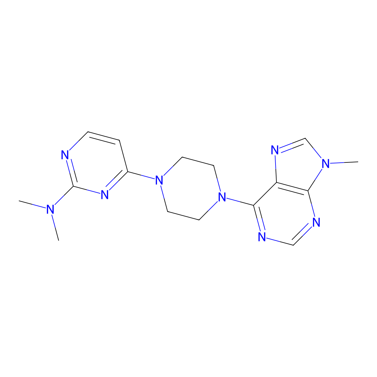 N,N-dimethyl-4-[4-(9-methyl-9H-purin-6-yl)piperazin-1-yl]pyrimidin-2-amine molecular structure, CAS 2742016-61-9
