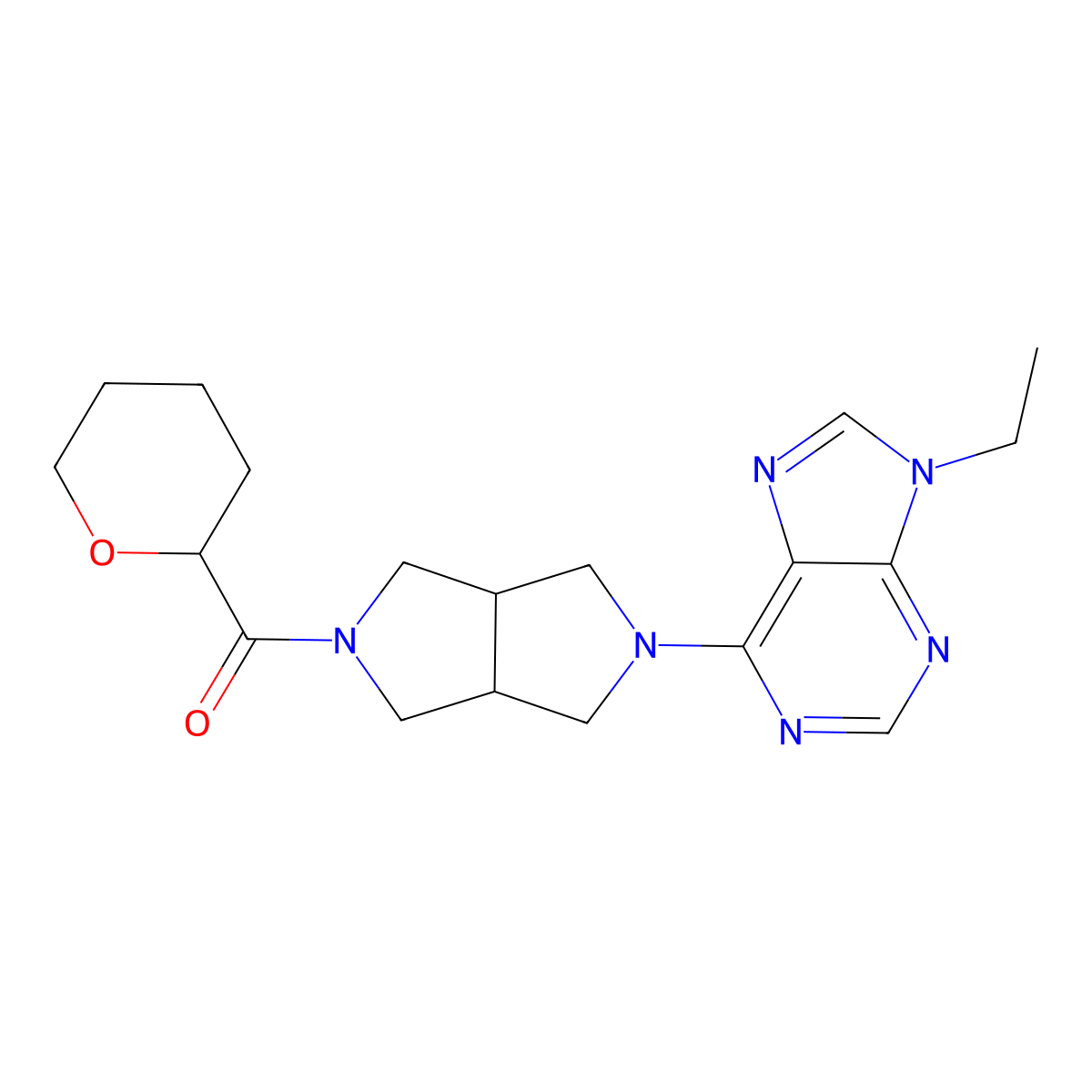 9-ethyl-6-[5-(oxane-2-carbonyl)-octahydropyrrolo[3,4-c]pyrrol-2-yl]-9H-purine molecular structure, CAS 2742016-68-6